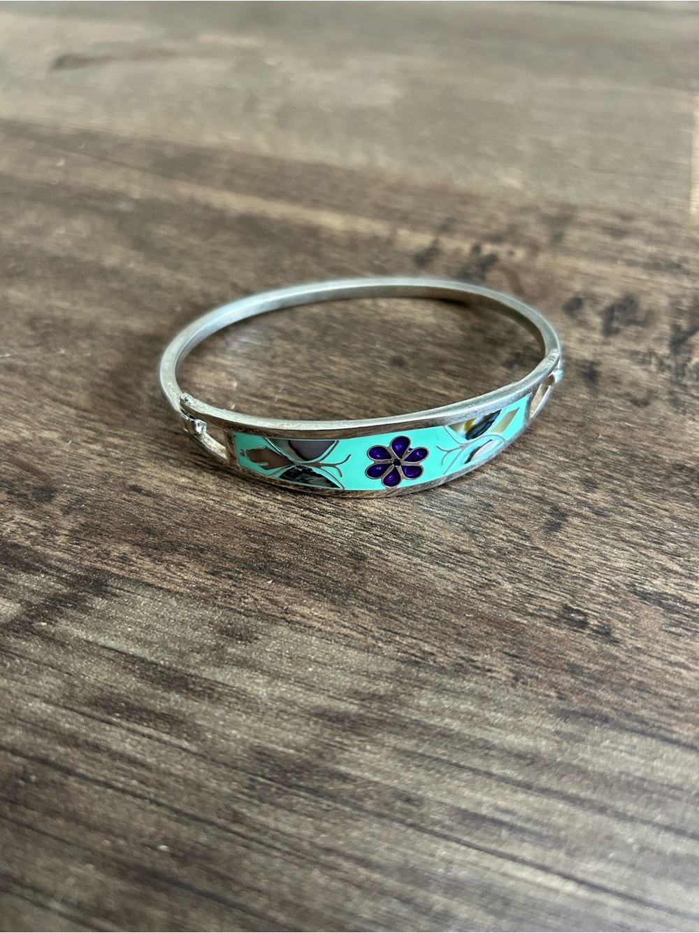 Vintage Mexico Alpaca Silver Abalone and Enamel Floral Hinged Cuff Bangle